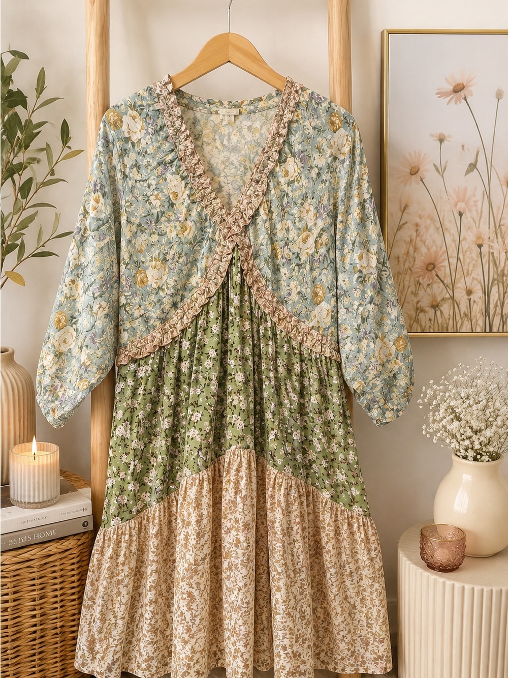 A Classy Chic Boutique Multi-Panel Floral Tiered Maxi Dress in Sage, Sky & Cream